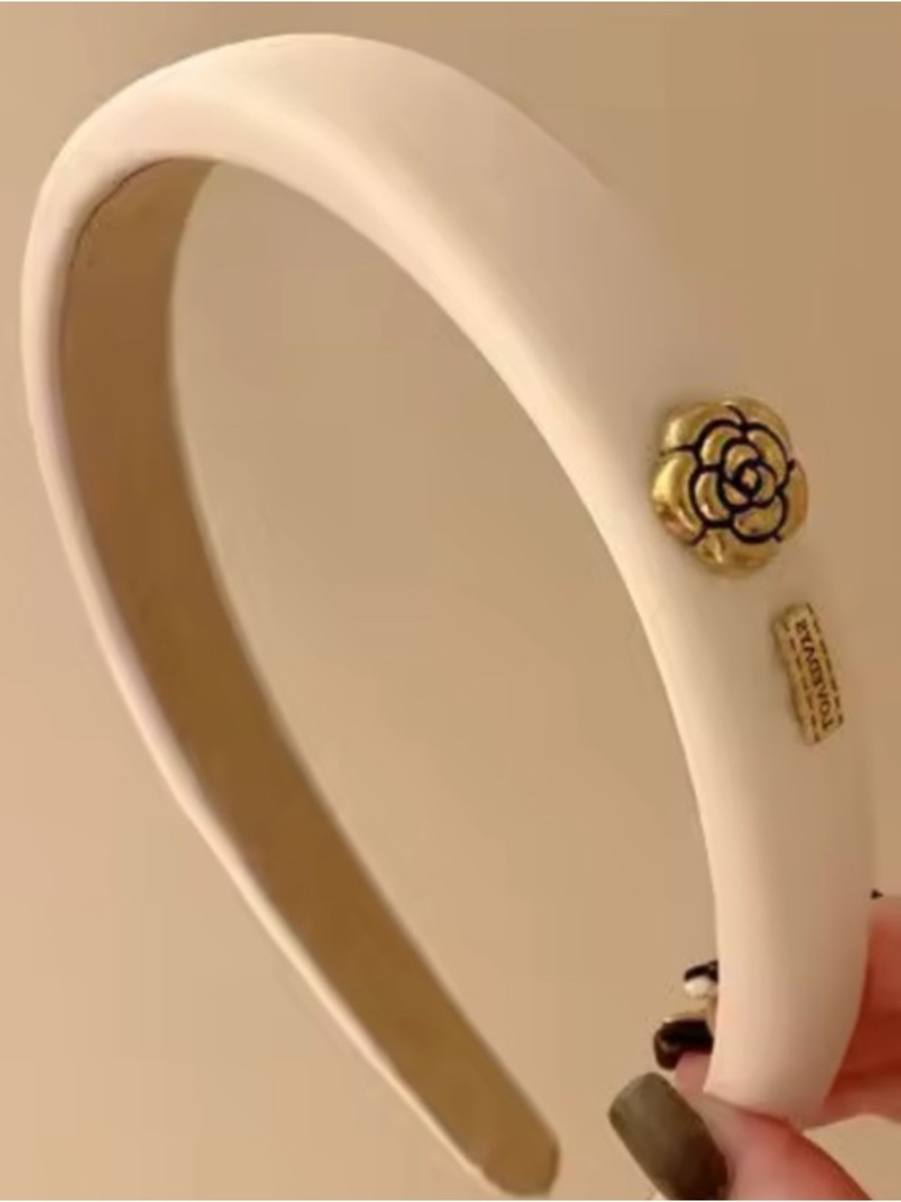 Cream Padded Headband with Gold Floral Accent